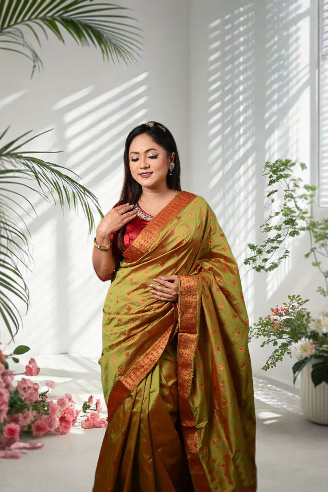 Assam Golden & Red Handmade Mix Pat Silk Mix Saree